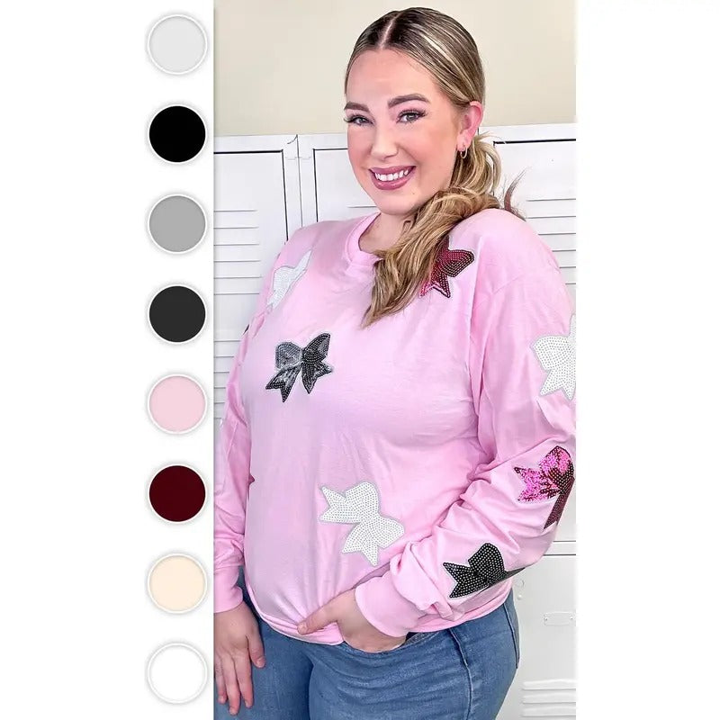 Sparkle Sequin Bow Graphic Long Sleeve T-Shirt
