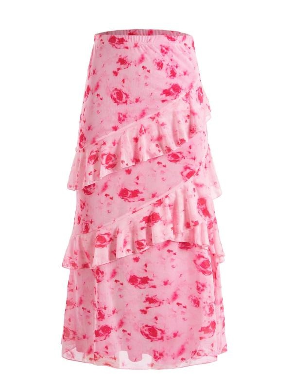 Spring Floral Mesh Long Skirts Renaissance Ruffle Maxi Skirt