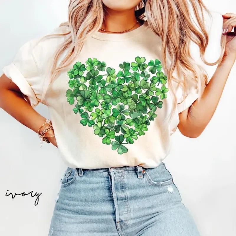 St. Patrick's Day Shirt, Shamrock Heart T-Shirt, Lucky Shamrock Shirt, Saint Patrick Shirts for Women Cotton Fit