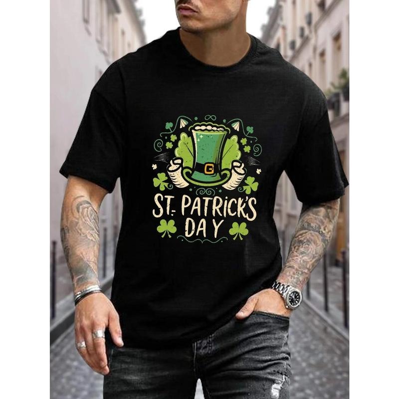 St. Patrick's Day Celebration Men's T-Shirt - Casual Cotton, Geometric Print, Round Neck, Machine Washable