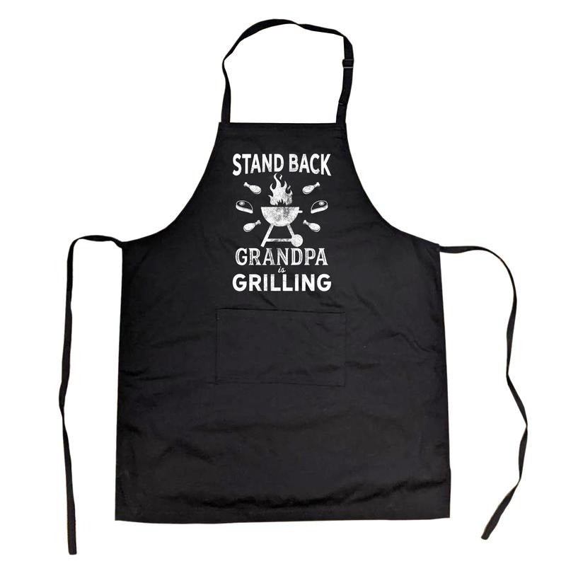Stand Back Grandpa Is Grilling Cookout Apron Funny Grill BBQ Father's Day Smock Funny Aprons Funny Food Cover Novelty Cooking Aprons Black