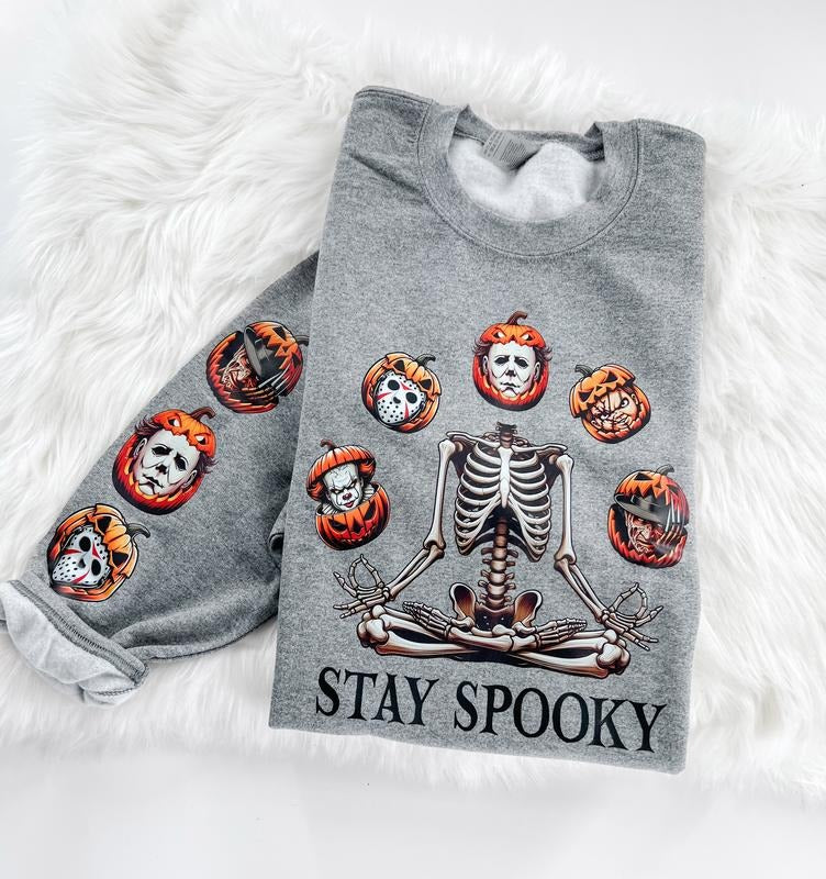 Stay Spooky Halloween Horror Skeleton Sweatshirt or Hoodie with sleeve prints Comfy Unisex Tops