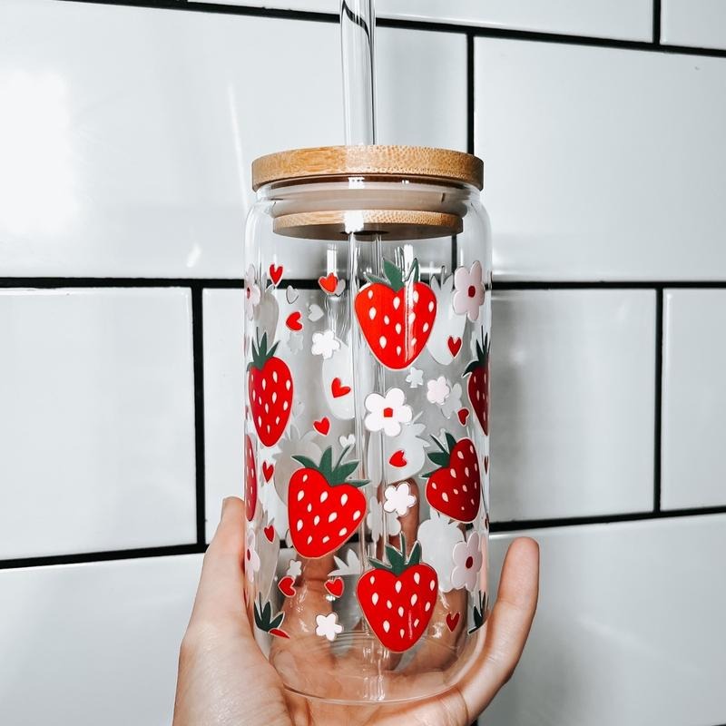 Strawberry Summer Libbey Glass Can w/ Straw