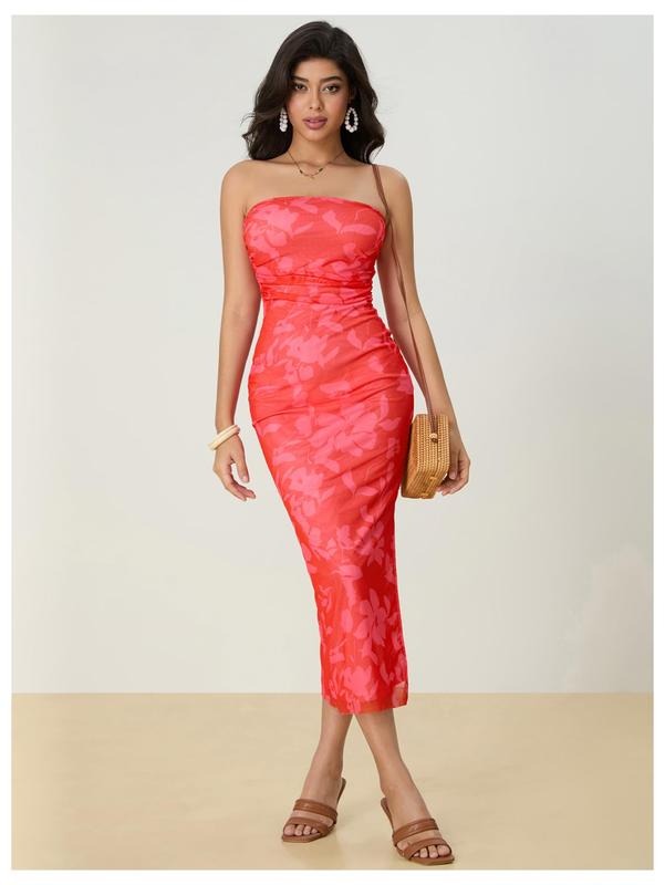 Summer Disty Floral Bodycon Maxi Dress Boho Strapless Mesh Tube Dresses