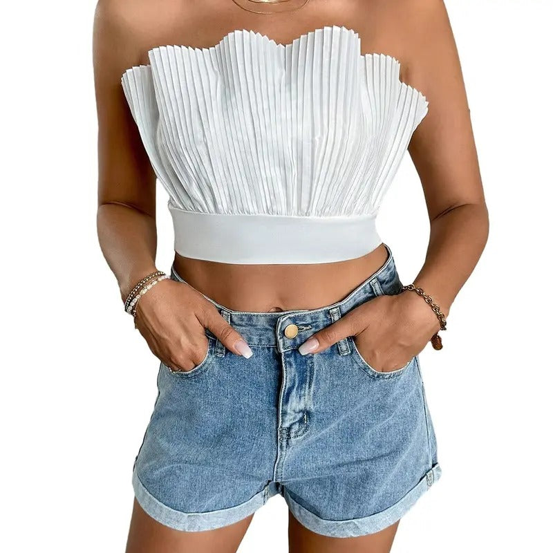 Summer Tube Tops Sleeveless Strapless Pleated Solid Plain Elegant Casual Cami Crop Top