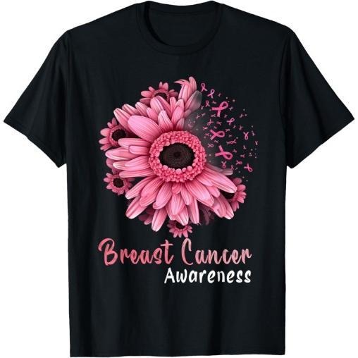 Sunflower Breast Cancer Awareness Pink Ribbon In October T-Shirt Made in USA