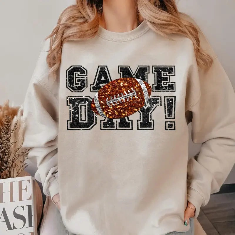 Sweatshirt Game Day Football Faux Sequins Glitte, Cute Football Mom Shirt, Custom Mascot Bow Shirt, Coquette Bows School Spirit T-shirt, Game Day Shirt