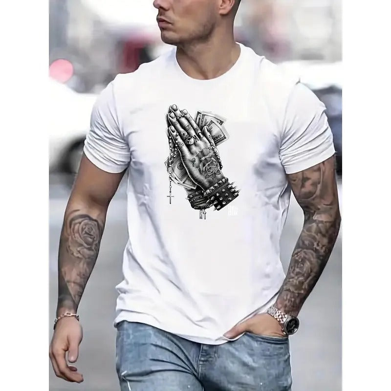 Tees For Men, Praying Hands With Money Print T Shirt, Casual Short Sleeve Tshirt For Summer Spring Fall, Tops As Gifts Made in USA