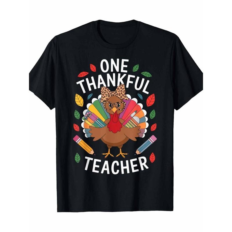 Thankful Teacher" Men's Cotton T-Shirt - Casual Short Sleeve, Crew Neck with Geometric Print, Machine Washable - Perfect for All Seasons Made in USA