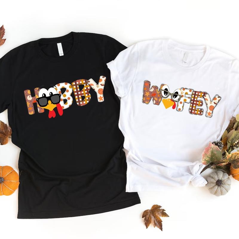 Thanksgiving Hubby and Wifey Shirts - Cute Fall Matching Couple T-Shirts, Autumn Turkey Plaid Tee Set, Gift for Couples