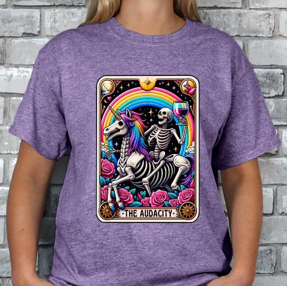 The Audacity Tarot Card T-shirt - Purple Crewneck Shortsleeve with Unique Design and "THE AUDACITY" Text
