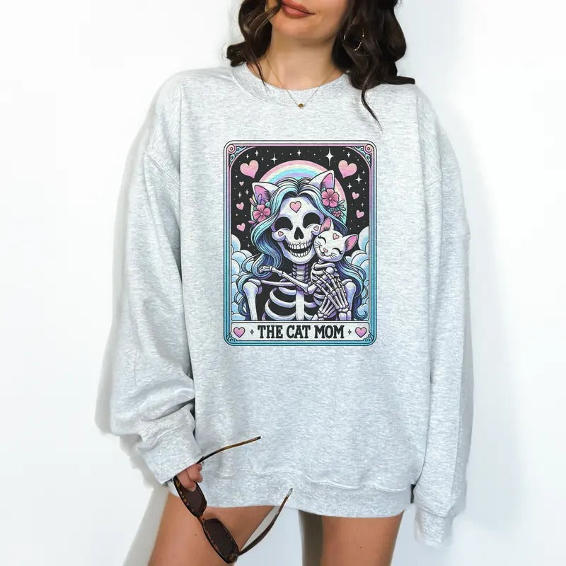 The Cat Mom Tarot- Unisex Crewneck Sweatshirt - Print is Sublimation, Christmas Crewneck, Gift Idea, Relaxed Fit, Casual Apparel