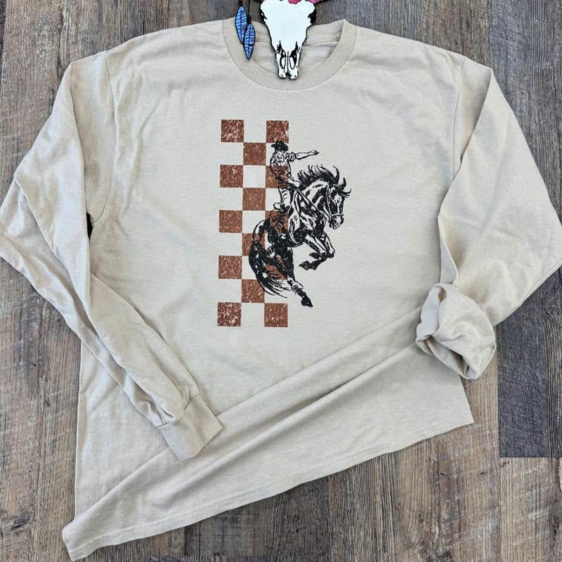 The Checkered Bronc Crewneck Sweatshirt, Cowboy Hoodies, western clothing stuff, western outfits women tops, country western girl clothes hoodies winter outfits for women