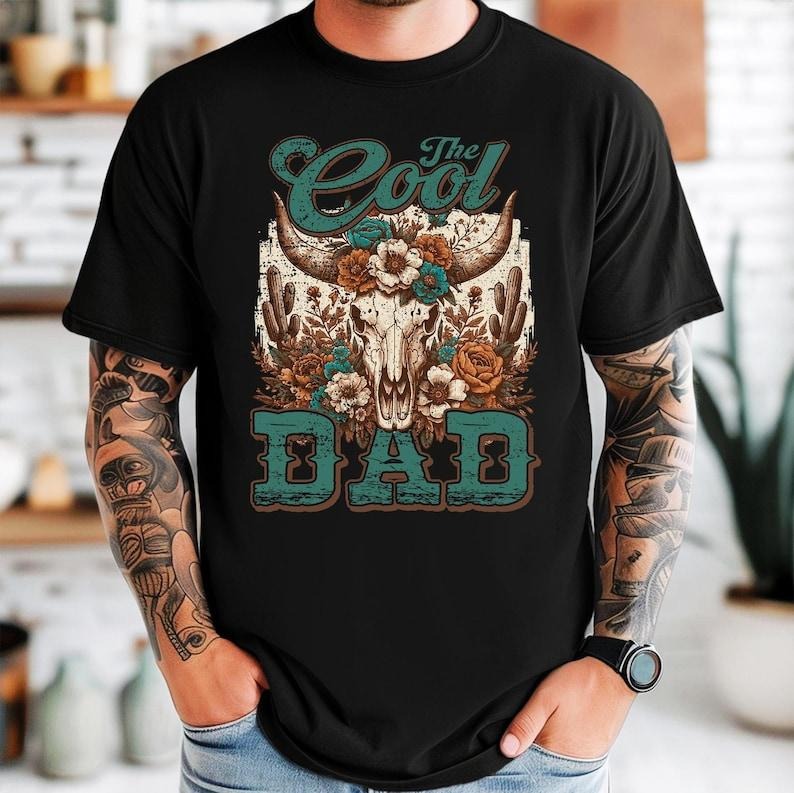 The Cool Dad Bull Skull Western Tee, The Cool Dad Shirt, Father's Day Gift, Dad Bull Skull Tee