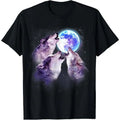 Three Grey Wolf Howling At The Moon 3 Wolves Space Galaxy T-Shirt