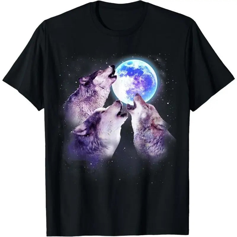 Three Grey Wolf Howling At The Moon 3 Wolves Space Galaxy T-Shirt