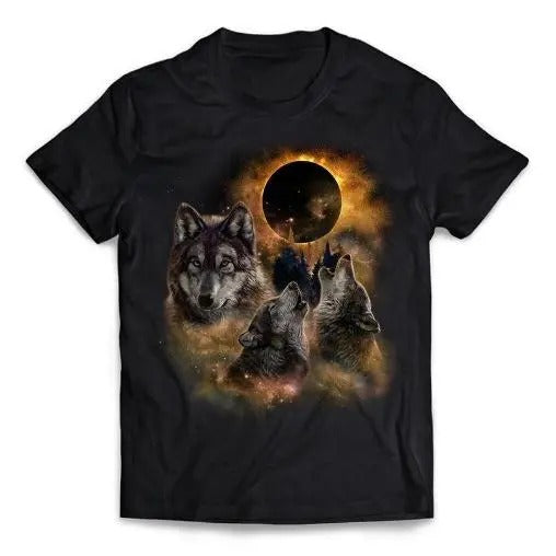 Three Wolf Solar Eclipse Moon - Short Sleeve Unisex, Men, Women, Youth T-Shirt Made in USA