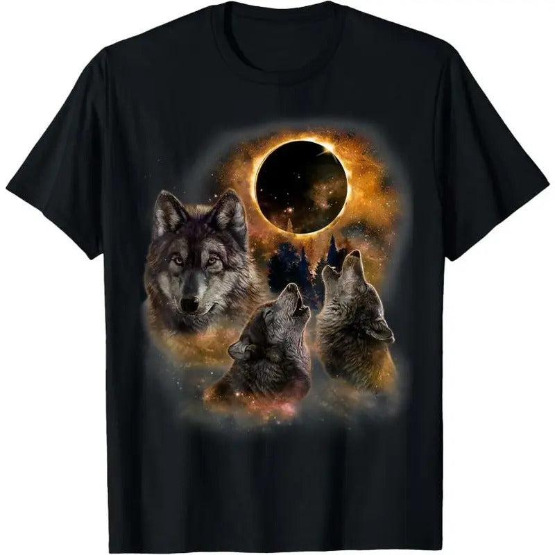 Three Wolves and Solar Eclipse, Forest Wolf Animals Wild T-Shirt
