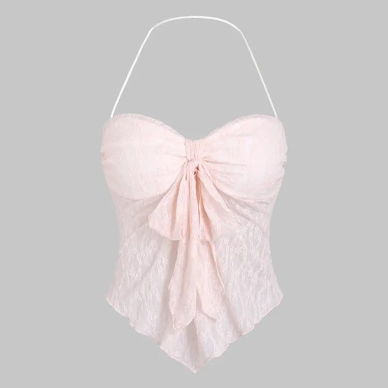 TikTokShopBacktoSchool Floral Lace Halter Top Backless Tie Front Bow Top Asymmetrical Crop Top