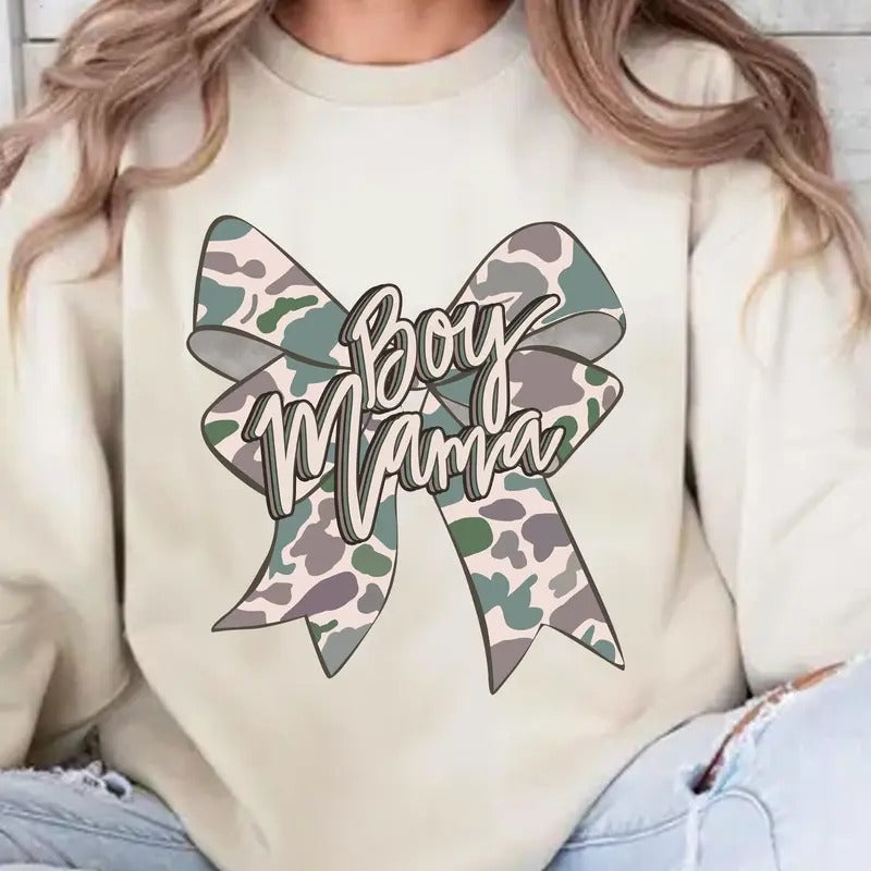 Trending Coquette Camo Bow Boy Mama Cozy Crewneck Sweatshirt, Camo Mama Boy Tee, Hunting Mom Shirt, Mother's Gift