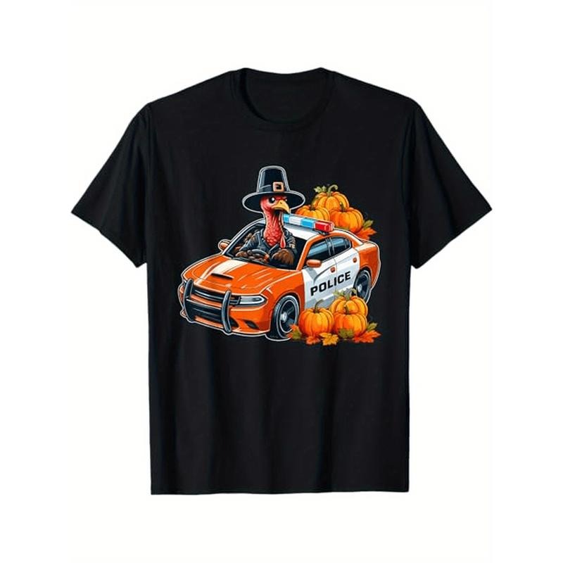 Turkey Driving Police Car Thanksgiving Driver Drops Pumpkin, 100% Cotton, Halloween Thanksgiving Christmas Gift, Male And Female Friends Family, S-XXXL, Black made in usa