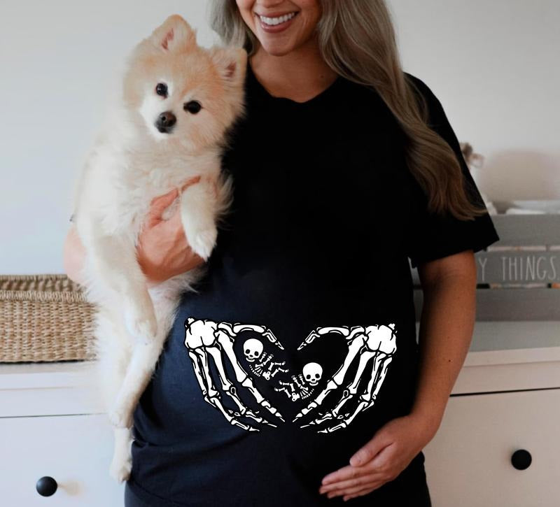 Twins Skeleton Halloween T-Shirt, Pregnancy Halloween Maternity Sweatshirt, Fall Mama To Be Shirt, Halloween Mama Shirt