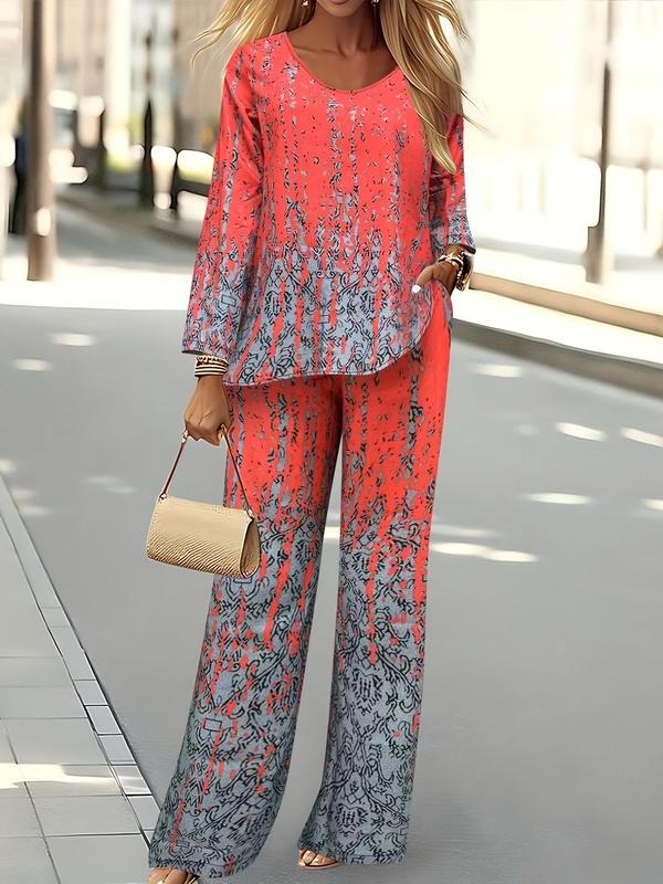 Two-Piece Set Women's Ethnic Pattern V Neck Blouse & Elastic Waist Pants Suits, Comfort Minimalist Casual Long Sleeves Top & Wide Leg Pants, Women's Clothes, Womenswear