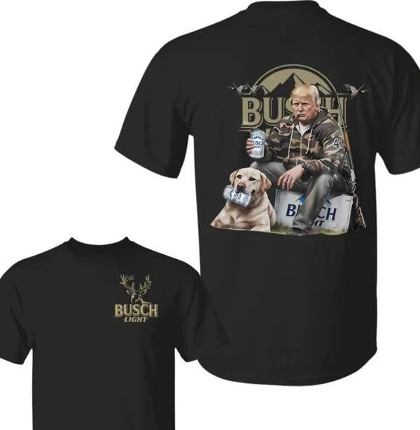 Two-sided Hunter Trump With Busch Light T-shirt, Camo Hunting Dog, Patriotic Beer Drinking Shirts, Funny Summer Graphic...