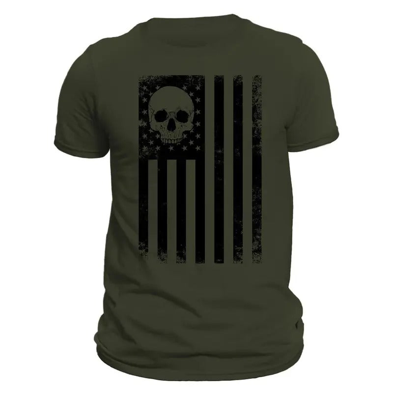 USA Black Vertical Flag With Skull Men's T-Shirt Crewneck Casual