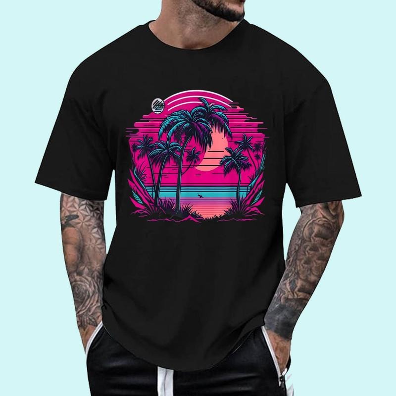 [Unisex Cotton Shirt] 90s Vaporwave Aesthetic Palm Trees Retro 80s Art Vaporwave T-Shirt
