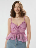 V Neck Mesh Cami Top Bow Tie Front Spaghetti Strap Frill Trim Ruffle Hem Camisole Tops