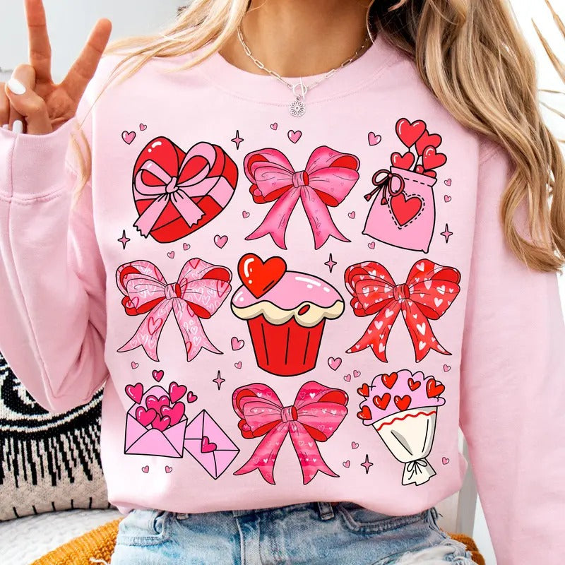 Valentine Heart Coquette Sweatshirt, Bow Valentine Shirt, Valentines Day Gift, Unisex Long Sleeve Crewneck
