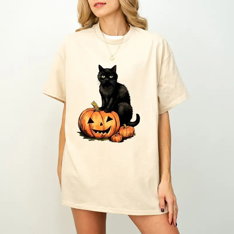 Vintage Black Cat Pumpkin Sweatshirt, Retro 90s Halloween Shirt, Black Cat Pumpkin Shirt, Pumpkin Face Shirt, Fall Crewneck Sweatshirt, Black Cat Sweater, Halloween Black Cat T-shirt