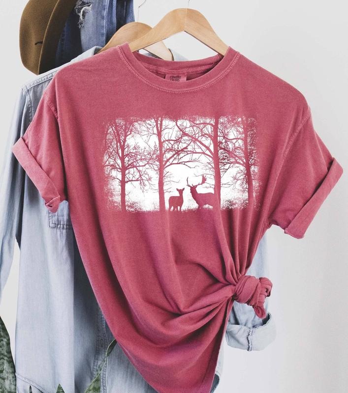 Vintage Nature Forest and Deer Silhouette T-Shirt
