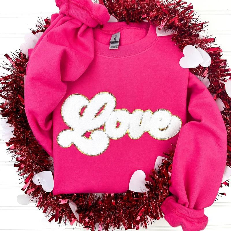 White Chenille Love Patch Sweatshirt