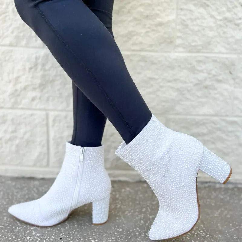 White Rhinestone Bootie