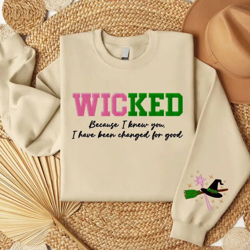 Wicked Defy Gravity Embroidered Sweatshirt, Witch Pink and Green Sweater, Broadway Musical Gift For Her