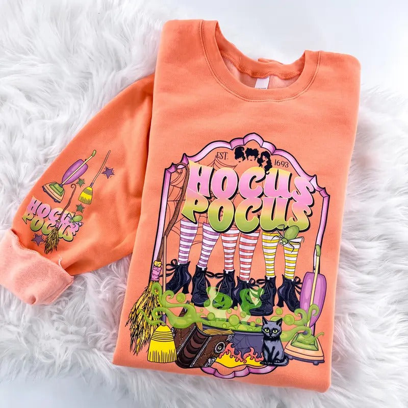 Witches Brew Hocus Pocus Halloween Sweatshirt or Hoodie with sleeve print Comfy Womenswear Tops