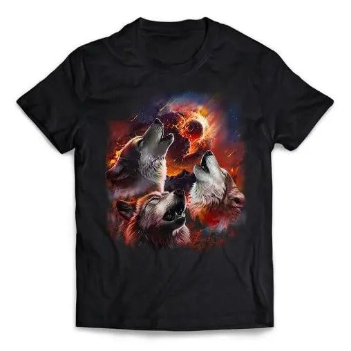 Wolf Howling in Burning Forest Beneath Asteroid Impact Moon, Short-Sleeve Unisex T-Shirt Made in USA