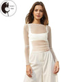 Women Basic Mesh Tops Casual Swiss Dot Sheer Long Sleeve Shirt