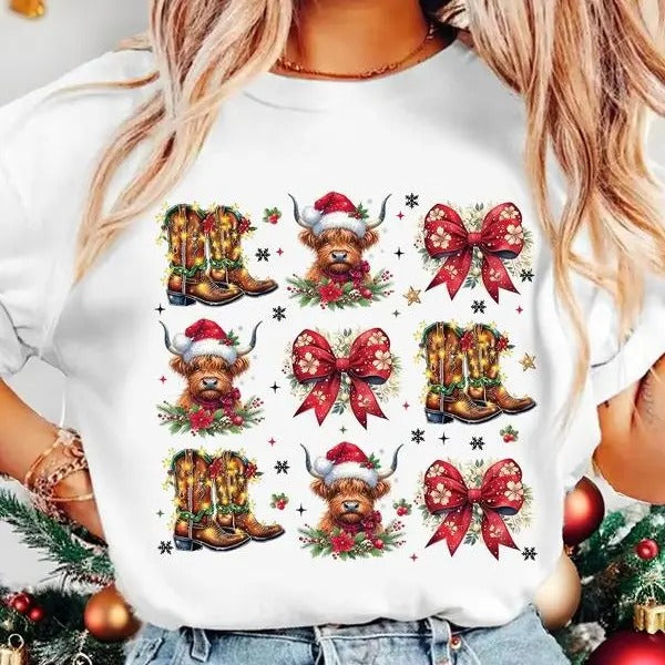 Women Christmas Cow Unisex Shirt, Christmas Sweater, Cowgirl, Cowboy, Country Side Cow Xmas Lights Tee