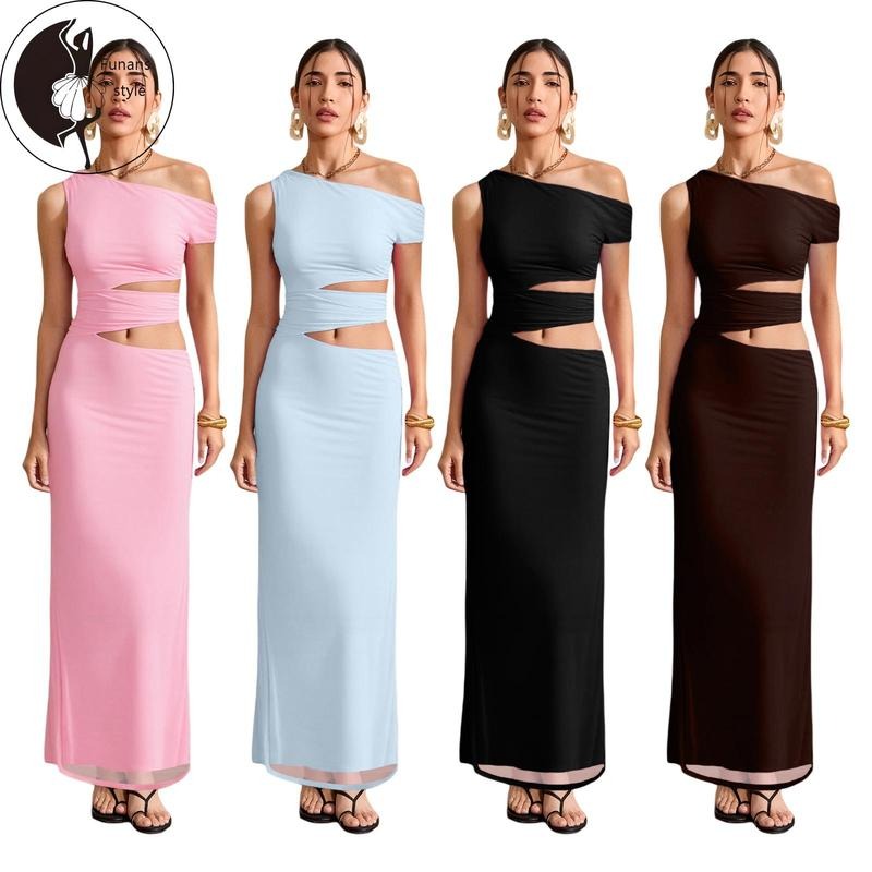 Women Long Dress, Sleeveless Oblique Neck Hollowed SolidFit Cocktail Dress for Party