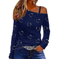 Women Long Sleeve T-Shirts Heart Print Oblique Shoulder Shirts Spring FallFit Casual Tops