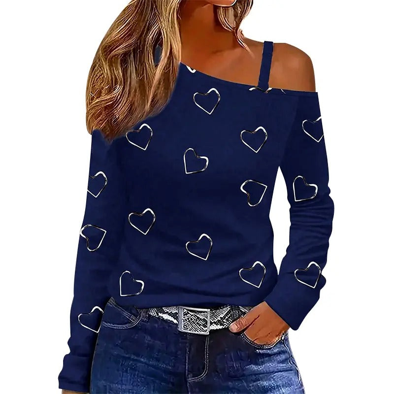 Women Long Sleeve T-Shirts Heart Print Oblique Shoulder Shirts Spring FallFit Casual Tops