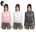Women Long Sleeve Tops Sheer Floral Lace Ruched Basic Shirt Casual Pullover for Fall Club Streetwear Aesthetic Clothes