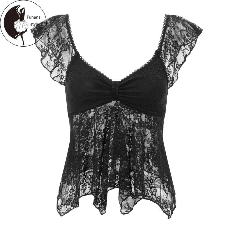 Women Summer Crop Tanks Flying Sleeve V Neck Lace Double Layered Lotus Edge Tops