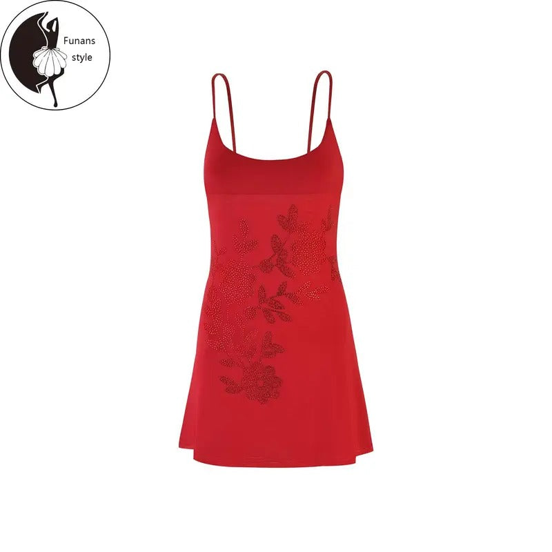 Women Summer Sleeveless Dress Casual Rhinestone Floral Print Backless Mini Party Dress for Vacation Beach Streetwear