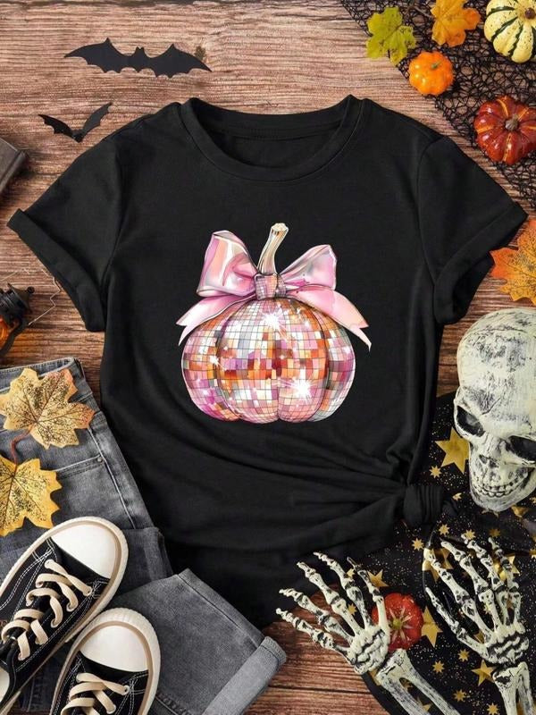Women's Bowknot Pumpkin Print Round Neck Tee, Fashion Casual Short Sleeve T-shirt for Daily Holiday Vacation Outdoor Wear, Women Tops for Summer