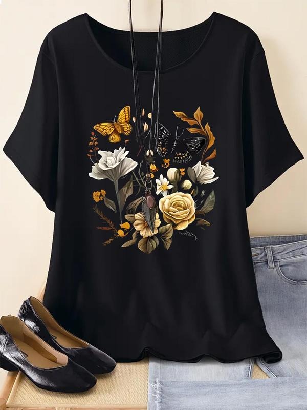 Women's Butterfly & Floral Print Round Neck Tee, Casual Short Sleeve T-Shirt for Summer, Ladies Clothes for Daily Wearstyle{n002}2