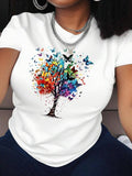 Women's Butterfly & Tree Print Round Neck Tee, Stylish Short Sleeve Crew Neck T-Shirt for Summer, Fashion Women's Top for Daily Wear